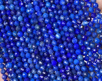 1 Full Strand 2/3/4mm Small Natural Loose Polished Micro Round Faceted Blue Lapis Lazuli Gemstone Seed Stone Beads for Jewelry Making 15.5"