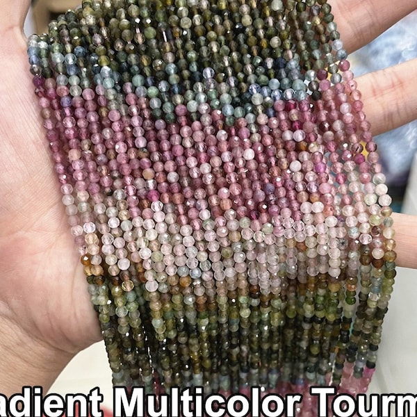 1 Full Strand 2mm/3mm Real Genuine Natural Gradient Shade 3A Grade Multicolor Tourmaline Loose Micro Round Faceted Gemstone Seed Stone Beads