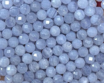 6mm 3 Assorted Grades Genuine Natural Round Micro Faceted Blue Chalcedony Lace Agate Gemstone Beads for DIY Jewelry Making Full Strand 15"