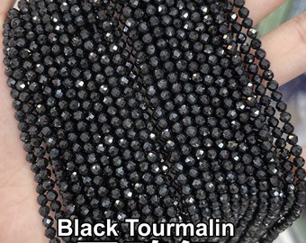 1 Full Strand 2/3/4mm Genuine Natural Loose Micro Round Faceted Healing Energy Black Tourmaline Gemstone Crystal Seed Stone Beads 15.5"