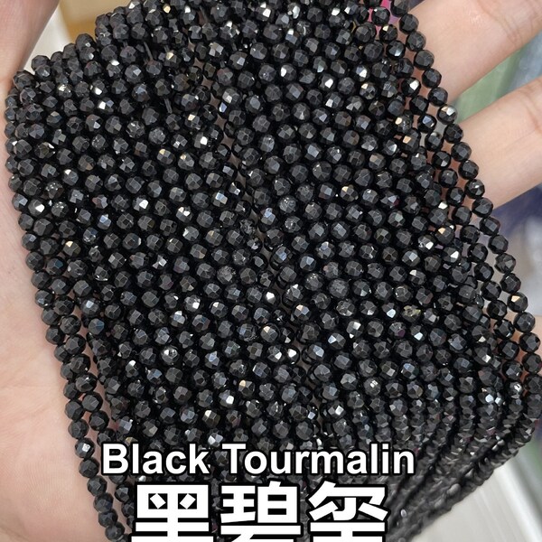 1 Full Strand 2/3/4mm Genuine Natural Loose Micro Round Faceted Healing Energy Black Tourmaline Gemstone Crystal Seed Stone Beads 15.5"