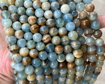 1 brin complet véritable pierre de guérison ronde en vrac naturelle lisse Argentine bleu lémurien Aquatine Calcite perles de pierres précieuses de guérison 4/6/8/10mm