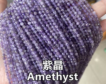 1 Full Strand 2mm 3mm 4mm Genuine Natural Loose Semi Precious Micro Round Faceted Genuine Healing Amethyst Gemstone Seed Stone Beads