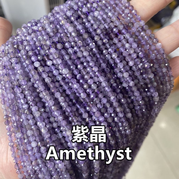 1 Full Strand 2mm 3mm 4mm Genuine Natural Loose Semi Precious Micro Round Faceted Genuine Healing Amethyst Gemstone Seed Stone Beads