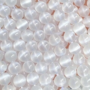 1 Full Strand 15.5&quot; Genuine Natural 5A Grade White Cat Eye Real Selenite Loose Round Healing Stone Smooth Gemstone Beads 6mm 8mm 10mm