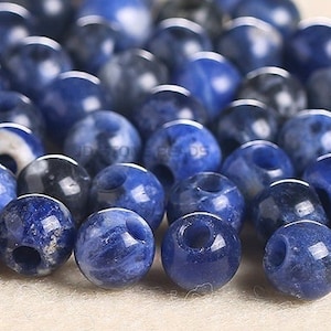 Natural 50pcs Genuine Natural Large Hole Loose Round Blue Sodalite Gemstone Beads Big Hole Drilled Gem for DIY Jewelry Making 6/8/10/12mm