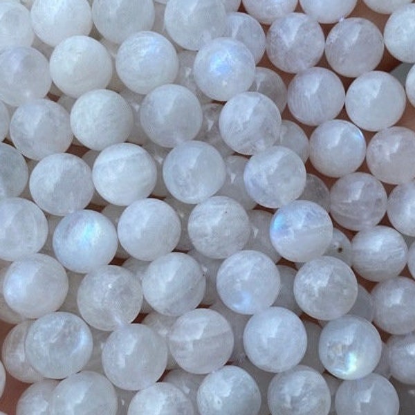 1 Full Strand 15.5" Natural Loose Genuine Round Natural Smooth Rainbow Blue Moonstone White Gemstone Beads 4mm 6mm 8mm 10mm 12mm