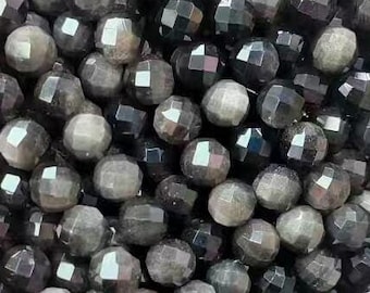 Sparkling 6/8/10mm Round Genuine Real Natural Faceted Silver Obsidian Stone Beads Healing Gemstone for DIY Jewelry Making Full Strand 15"