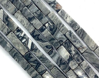 4X13mm Genuine Natural Grey Scenery Jasper Map Stone Square Tube Thin Long Tubular Stick Gemstone Beads for Jewelry Making Full Strand 15"