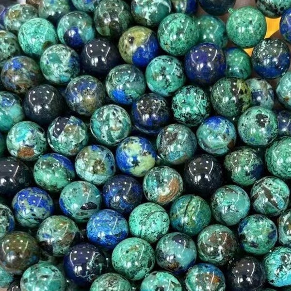 1 Full Strand 15.5" Genuine Real Natural A Grade Azurite Malachite Chrysocolla Sphere Loose Round Semi Precious Smooth Stone Gemstone Beads