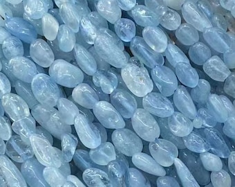 1 Full Strand Loose Irregular Semi Precious Stone Smooth Polished Genuine Natural Pebble Nugget Blue Aquamarine Gemstone Beads 6mm X 8mm