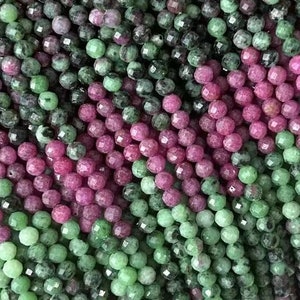 Natural Round Micro Faceted Gradient Color Ruby Zoisite Anyolite Gemstone Beads for Jewelry Making, 15" Strand