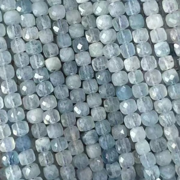 1 Full Strand Genuine Real Natural Loose Faceted Cube Dice Square Beads Aquamarine Gemstone Healing Stone Beads 15" for DIY Jewelry Making