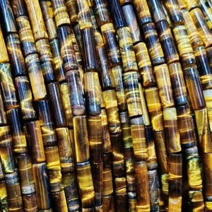 4X13mm Yellow Tiger Eye 1 Full Strand Natural Loose Cylinder Tubular Thin Long Gemstone Stone Pipe Tube Beads for DIY Jewelry Making 15&quot;