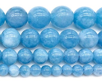 1 Full Strand 15.5" Loose Round Stone Created Blue Aquamarine Color Chalcedony Gemstone Beads for DIY Jewelry Making 4mm 6mm 8mm 10mm 12mm