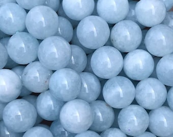 1 brin complet 15,5 pouces en vrac, pierre ronde lisse, couleur bleu aqua, perles de pierres précieuses aigue-marine pour la fabrication de bijoux à bricoler soi-même 4 mm 6 mm 8 mm 10 mm 12 mm