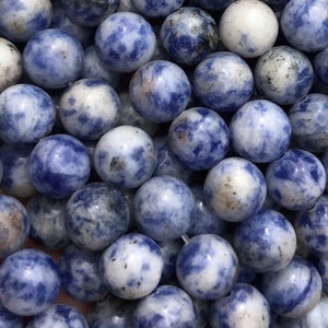 1 brin complet de 15,5 po., véritables perles rondes semi-précieuses naturelles, lisses, jaspe bleues, sodalite, 4 mm 6 mm 8 mm 10 mm 12 mm