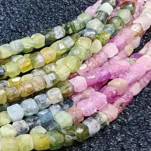 2mm 1 Full Strand Genuine Natural Real Faceted Cube Dice Square AAA Colorful Gradient Tourmaline Beads Stone Gemstone for DIY Jewelry Making