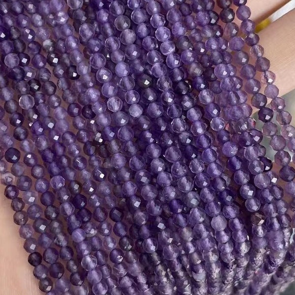 1 Full Strand 2mm 3mm 4mm Genuine Natural A Grade Micro Round Faceted Genuine Healing Amethyst Gemstone Seed Stone Beads for Jewelry Making