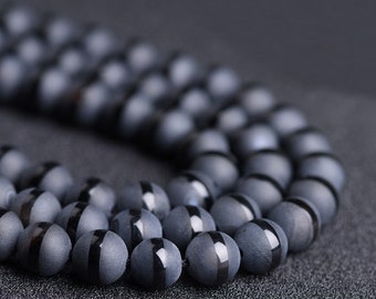 1 filo completo 15,5" genuina guarigione naturale opaca agata nera striscia design lucido perline di pietra preziosa rotonda sciolta 4mm 6mm 8mm 10mm 12mm