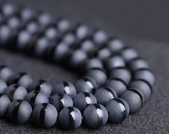 1 Full Strand 15.5" Genuine Natural Healing Matte Black Agate Stripe Shiny Design Loose Round Gemstone Stone Beads 4mm 6mm 8mm 10mm 12mm