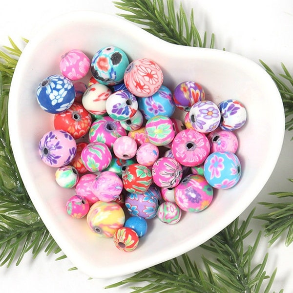 100pcs Multicolored Round Spherical Flower Printed Floral Polymer Clay Beads for DIY Handmade Jewelry Making Findings 6mm 8mm 10mm 12mm