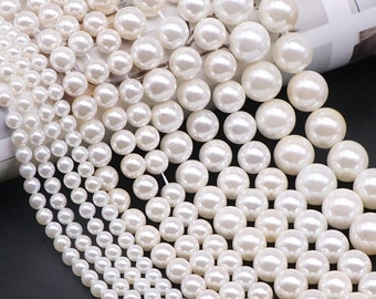 1 Full Strand 15.5" Loose Round Popular Fashion Ivory White Shell Pearl Beads High Luster 2mm 3mm 4mm 5mm 6mm 8mm 10mm 12mm 14mm