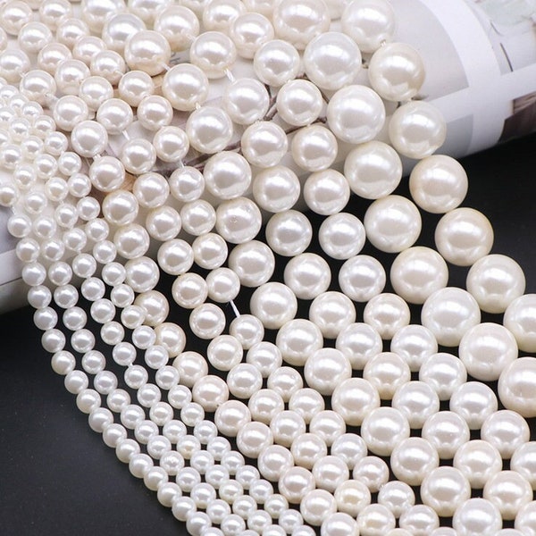 1 Full Strand 15.5" Loose Round Popular Fashion Ivory White Shell Pearl Beads High Luster 2mm 3mm 4mm 5mm 6mm 8mm 10mm 12mm 14mm