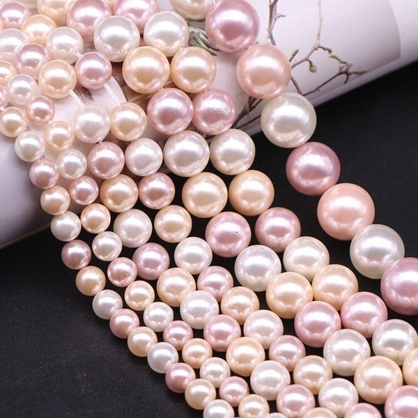 1 Full Strand 15.5" Loose Round Popular Multicolor Pink Ivory White Mixed Shell Pearl Beads High Luster for DIY Beading Jewelry Making