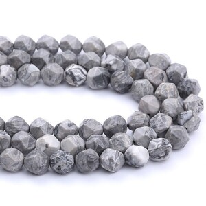 1 Full Strand 15.5 « Genuine Natural Loose Star Cut Faceted Gray Map Scenery Jasper Gemstone Stone Beads for DIY Jewelry Making 6mm 8mm 10mm