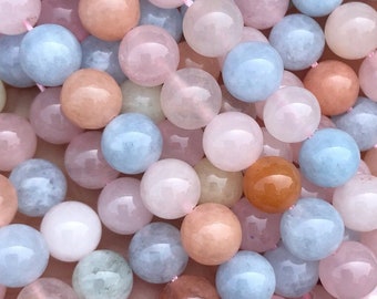 1 brin complet de 15,5 po. véritables perles rondes semi-précieuses naturelles de qualité A, morganite rose lisse, 4 mm 6 mm 8 mm 10 mm