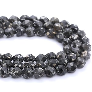 1 Full Strand 15.5&quot; Genuine Natural Loose Star Cut Faceted Black Sesame Jasper Gemstone Stone Beads for Handmade Jewelry Making 6mm 8mm 10mm