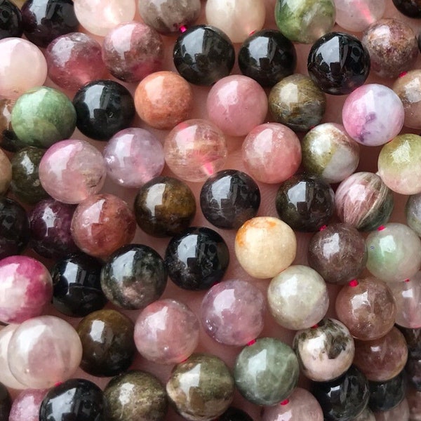 1 Full Strand 15.5" Genuine Natural A Grade Loose Round Semi Precious Smooth Colorful Tourmaline Stone Healing Gemstone Beads 4-10mm