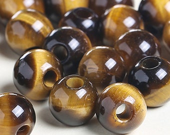 Natural 50pcs Genuine Natural Large Hole Loose Round Tiger Eye Gemstone Beads Big Hole Gem for DIY Jewelry Making 6/8/10/12mm