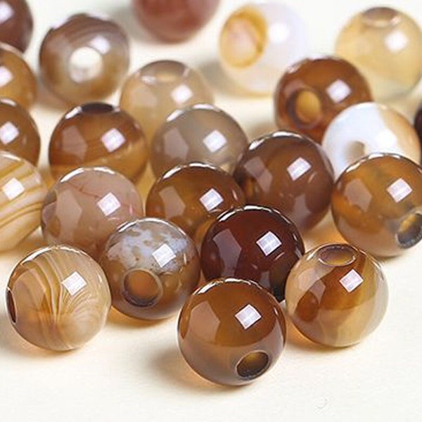 Natural 50pcs Genuine Natural Large Hole Loose Round Brown Lace Agate Gemstone Beads Big Hole Gem for DIY Jewelry Making 6/8/10/12mm