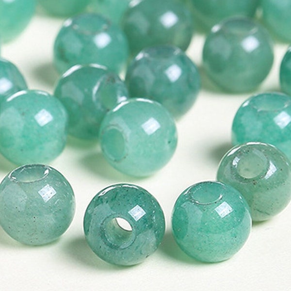 Natural 50pcs Genuine Natural Large Hole Loose Round Green Aventurine Gemstone Beads Big Hole Drilled Gem for DIY Jewelry Making 6/8/10/12mm