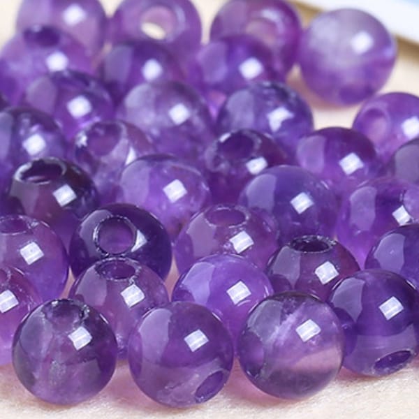 Natural 50pcs Genuine Natural Large Hole Loose Round Amethyst Gemstone Beads Big Hole Drilled Gem for DIY Jewelry Making 6/8/10/12mm