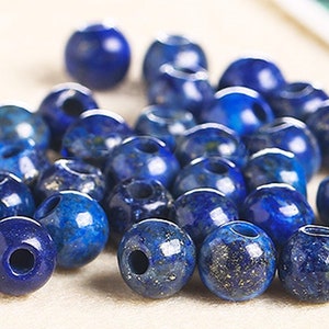 Natural 50pcs Genuine Natural Large Hole Loose Round Blue Lapis Lazuli Gemstone Beads Big Hole Gem for DIY Jewelry Making 6/8/10/12mm