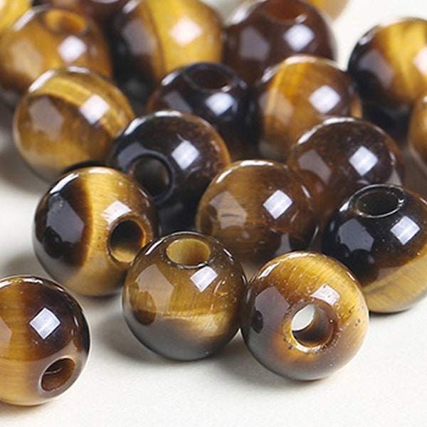 Natural 50pcs Genuine Natural Large Hole Loose Round Tiger Eye Gemstone Beads Big Hole Gem for DIY Jewelry Making 6/8/10/12mm