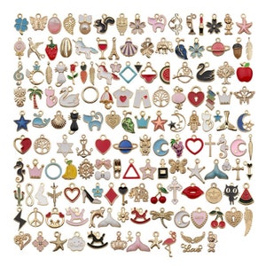 Bulk 100 Enamel Charms, Mixed Jewelry Charms, Gold Plated Metal Charm Pendant Collection, Assorted DIY Bracelet Charms