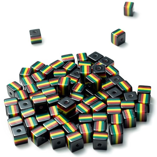 50pcs Black Loose Square DIY Spacer Resin Red Yellow Green Striped Jamaica Reggae Rasta Bead for Jewelry Making Accessories 8/10mm