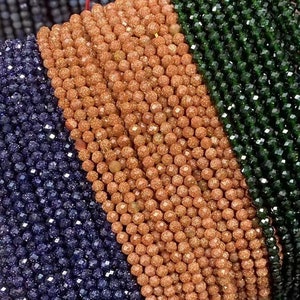 2/3/4mm Small Size Shining Blue/Gold/Green Sandstone Round Micro Faceted Gemstone Mini Stone Beads for DIY Jewelry Making Full Strand 15.5&quot;