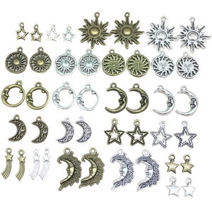 80pcs/lot Assorted Antique Silver Bronze Tone Metal Sun Moon Star Charms Pendants for DIY Bracelet Necklace Earring Vintage Jewelry Making