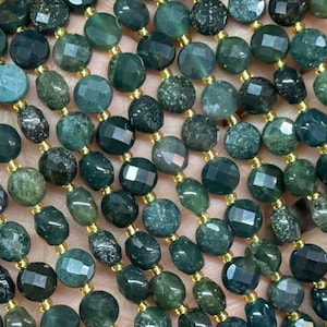 6mm Genuine Natural Flat Micro Faceted Coin Moss Agate Horizontal Hole Disc Gemstone Beads for DIY Jewelry Making Full Strand 15“