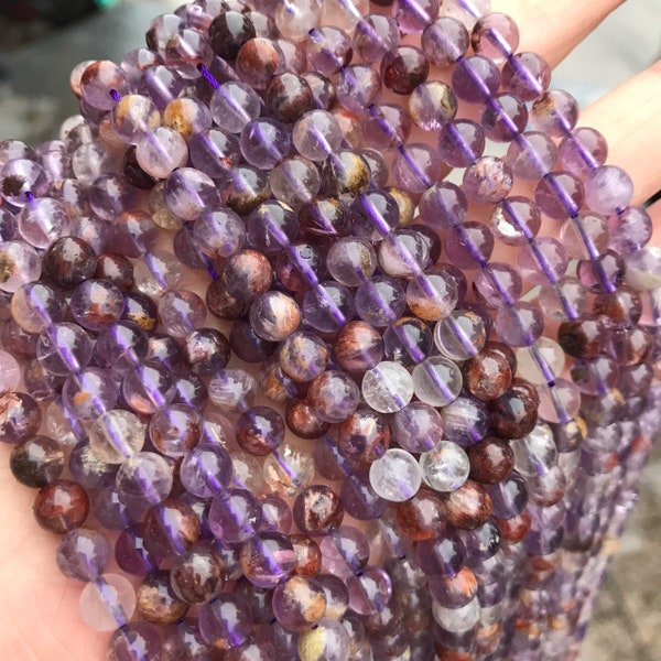 1 Full Strand 15" Genuine Natural Loose Round Healing Stone Smooth Super Seven Amethyst Cacoxinite Purple Phantom Gemstone Beads 6/8/10/12mm