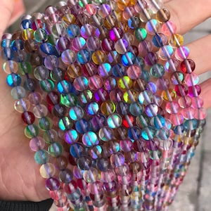 1 brin complet de 15,5 en vrac rond lisse poli irisé rougeoyant Flash Fiery Mystic Aura perles de quartz pour la fabrication de bijoux 6 mm 8 mm 10 mm 12 mm Multicolore
