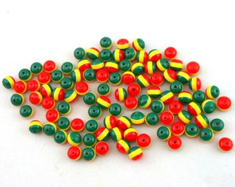 100 pièces en vrac rond bricolage entretoise résine rouge jaune vert rayé jamaïque Reggae Rasta perle pour la fabrication de bijoux accessoires 6/8/10/12mm