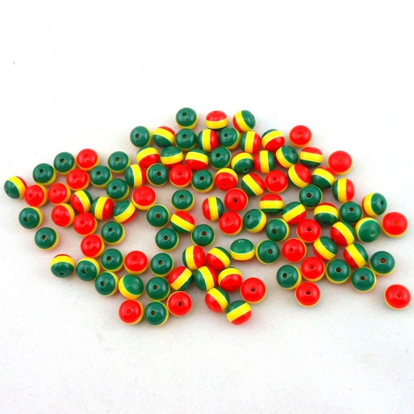 100 pièces en vrac rond bricolage entretoise résine rouge jaune vert rayé jamaïque Reggae Rasta perle pour la fabrication de bijoux accessoires 6/8/10/12mm