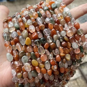 1 Full Strand Loose Irregular Stone Smooth Polished Genuine Natural Pebble Nugget Colorful Rutilated Quartz Gemstone Beads 6mm X 8mm