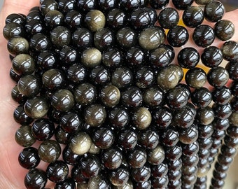 1 Full Strand 15.5" Genuine Natural Loose Round Semi Precious Stone Smooth Golden Obsidian Gemstone Beads 4mm 6mm 8mm 10mm 12mm 14mm 16mm